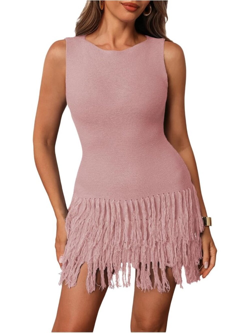 Women's Pink Sleeveless Mini Crew Neck Bodycon Knit Fringe Party Club Dress